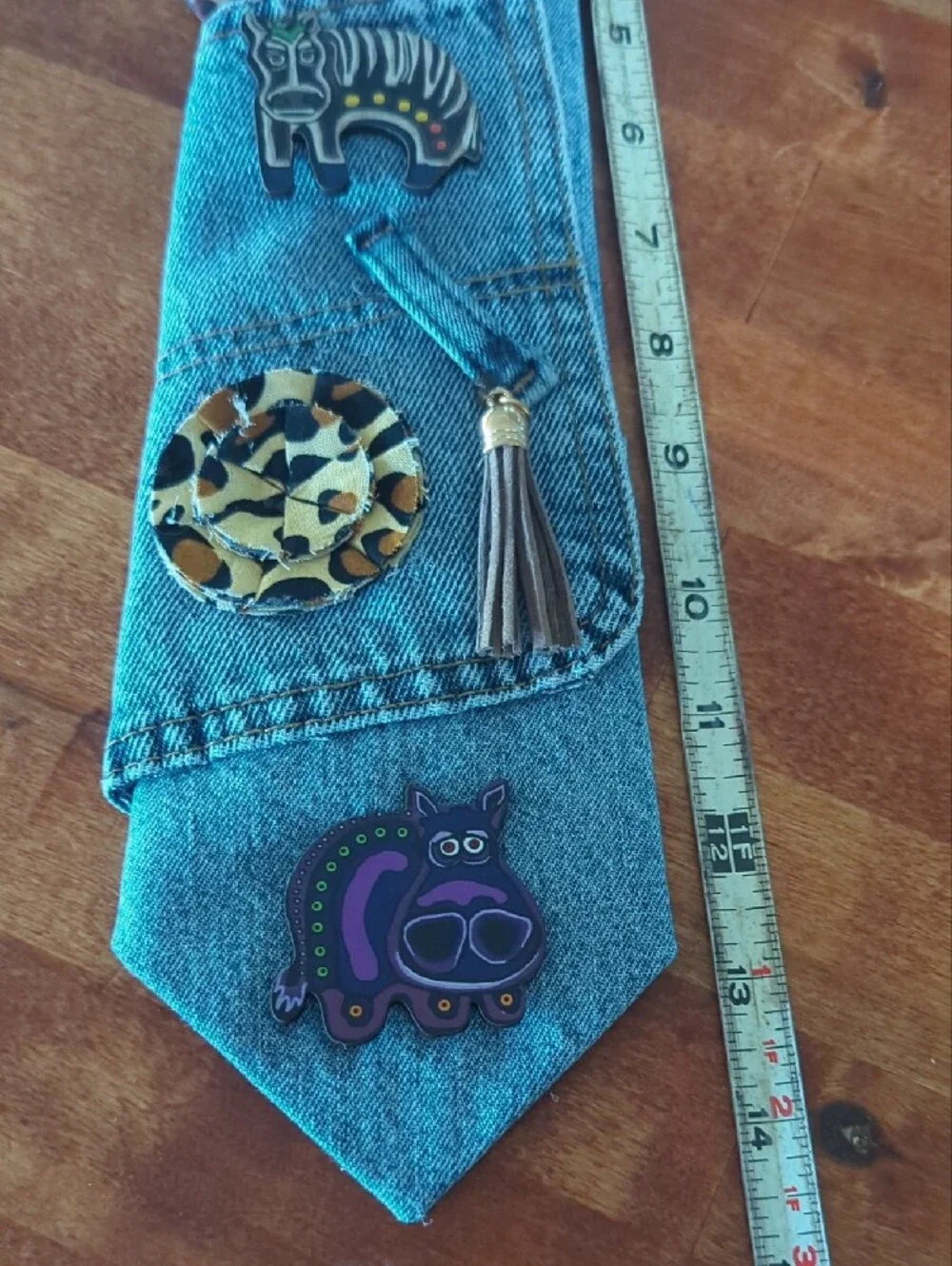 Denim Animal Pin & Tassel Tie- Blue